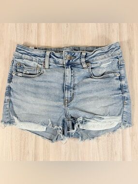 American Eagle High Rise Shortie Distressed Denim Shorts Lace Trim Size 6